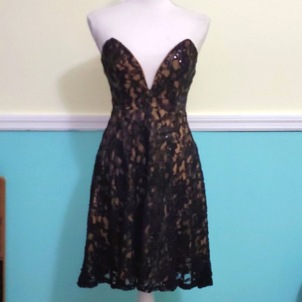 Windsor Black & Nude Laced Sequined Strapless  Whimsigoth Flare Mini Dress M